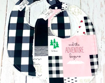 New!!  Baby Bibs for Girls - Set of 2 Triple Layer Chenille - Gingham, Pink, Black, Gold Metallic Accents, Buffalo Plaid - LITTLE ADVENTURE