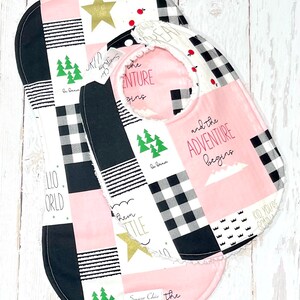 Ready to Ship Baby Girl Burp Cloth Chenille Triple Layer Design Pink, Black, Plaid, Gingham PINK LITTLE ADVENTURE image 2