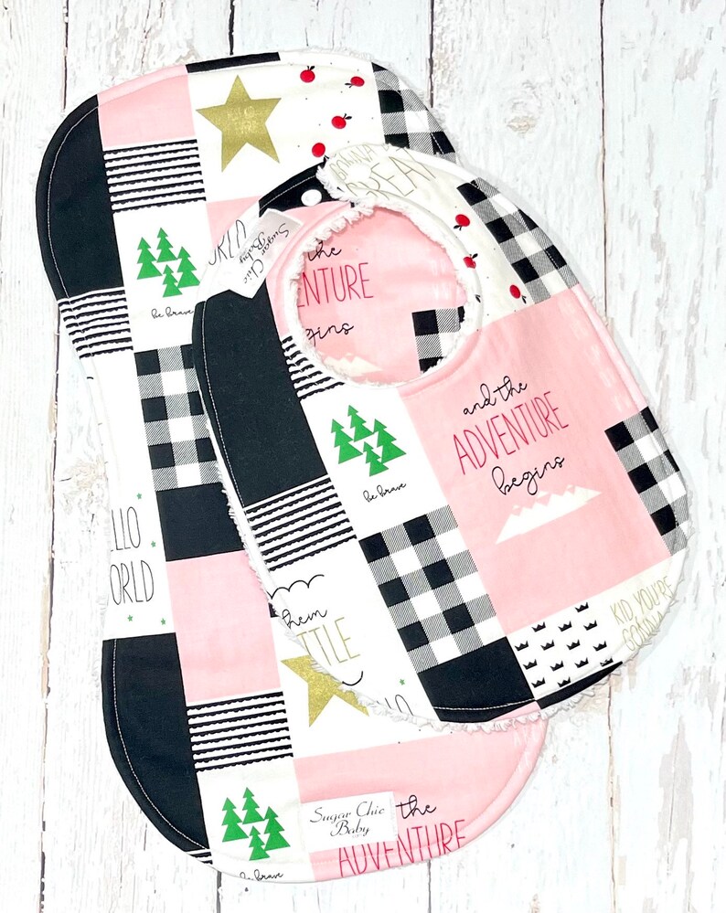 Ready to Ship Baby Girl Burp Cloth Chenille Triple Layer Design Pink, Black, Plaid, Gingham PINK LITTLE ADVENTURE image 2