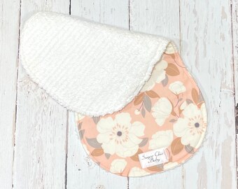 New!! Ready to Ship - 1 Single Baby Girl Burp Cloth - Absorbent Chenille Triple Layer Design - Pink, Grey - PEACHES & CREAM FLORAL