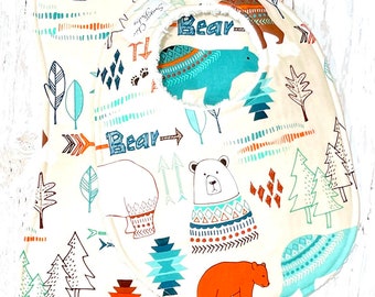 Bears Baby Bib and Burp Cloth Set - Set of 2 - Chenille Triple Layer - Teal, Orange - WILDERNESS BEARS