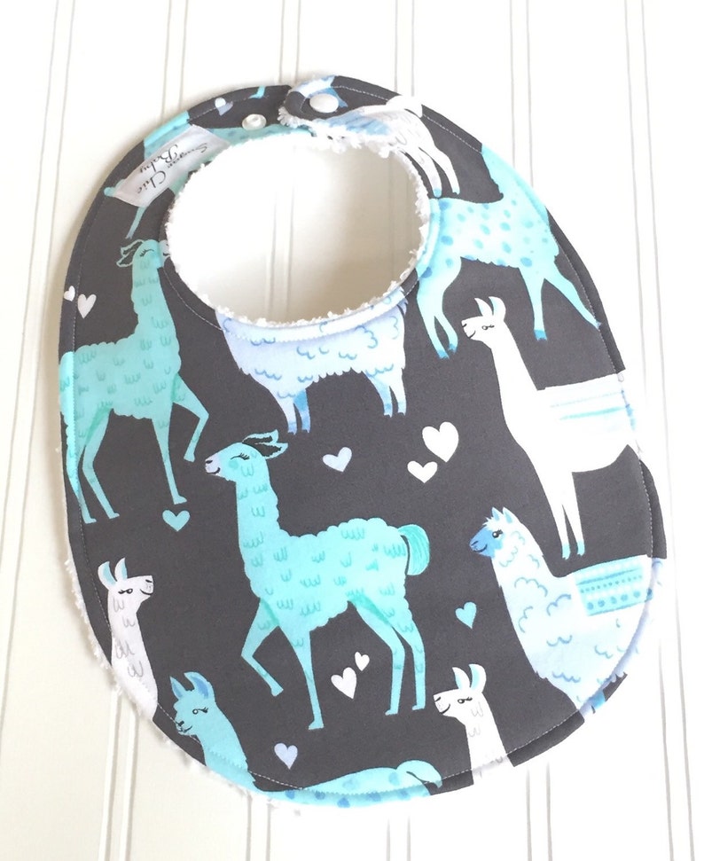 Ready to Ship Sale Llama Baby Bibs for Boy 1 Single Bib Triple Layer Chenille Alpacas, Aqua, Blue, Gray LLAMAS image 1