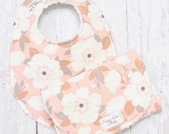 New!!  Baby Girl Bib and Burp Cloth Set - Absorbent Chenille Triple Layer Design - Pink, Grey - PEACHES & CREAM FLORAL