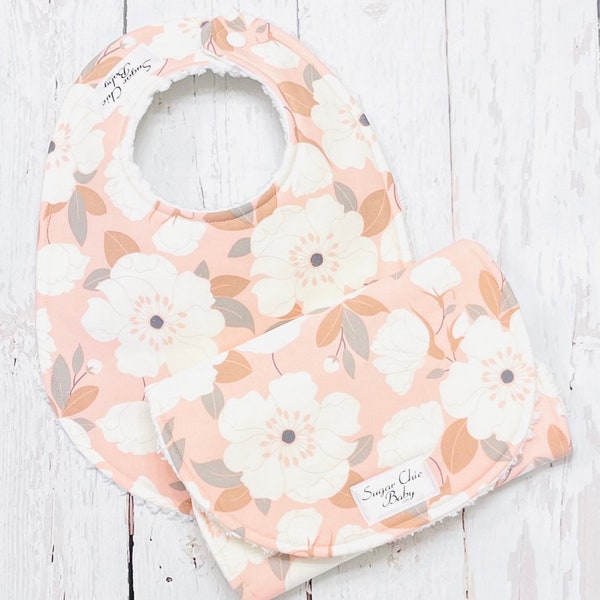 New!!  Baby Girl Bib and Burp Cloth Set - Absorbent Chenille Triple Layer Design - Pink, Grey - PEACHES & CREAM FLORAL