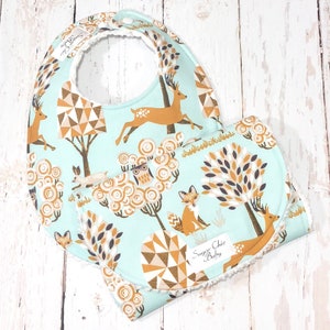 Woodland Baby Bib & Burp Cloth Set - Gender Neutral - Super Absorbent Triple Layer Chenille - Blue, Green, Mustard, ENCHANTED FOREST MINT