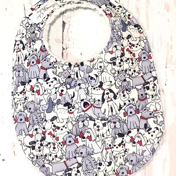 New!!  Puppy Dog Baby Bib - Gender Neutral - 1 Single Bib - Triple Layer Chenille - Grey, Black, Red - MONOCHROME PUPPY DOGS