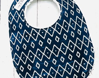 Ready to Ship - Batik Print Baby Bib for Baby Boy  - 1 Single Triple Layer Chenille Bib - Navy Blue, White - BLUE BATIK