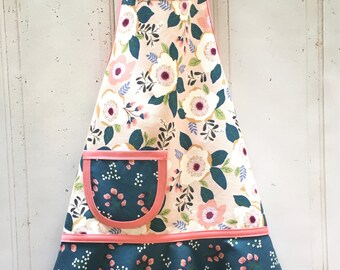 Kids Apron, Boho Floral Child's Apron, Girls Apron, Toddler Apron, Pretend Play, Apron for Kids, Baking Apron - WOODLAND TEAL & CORAL