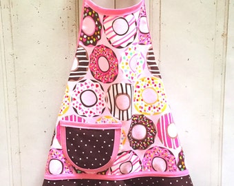 Kids Donut Apron, Girls Donut Apron, Toddler Apron, Pretend Play Apron, Pink & Chocolate Brown - DONUT LOVE