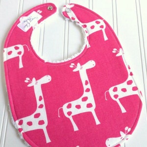 Giraffe Baby Bib for Girl  - 1 Single Bib - Triple Layer Chenille - CANDY PINK GIRAFFE