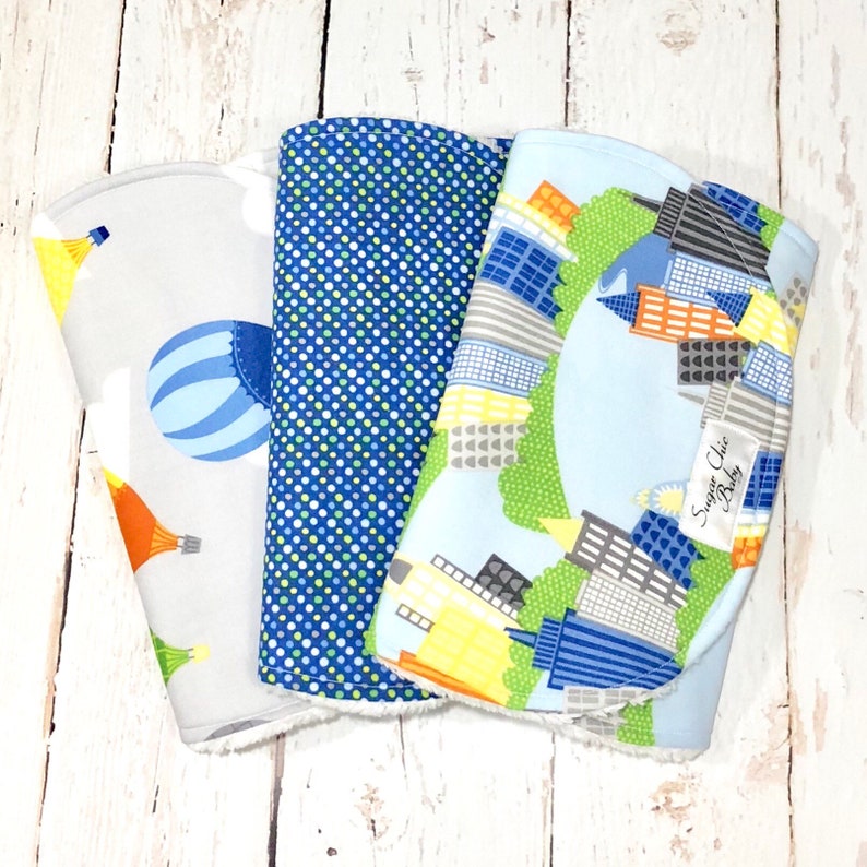 Ready to Ship Cityscape Burp Cloths Boy Burp Cloths Triple Layer Chenille Set of 3 CITYSCAPE & AIR-BALLOONS image 5