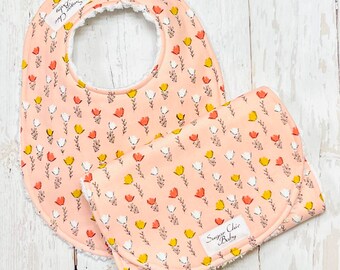 New!!  Pink Floral Baby Girl Bib & Burp Cloth Set  - Chenille Triple Layer Design - Blush, Coral, White - CORAL MUSTARD TULIPS