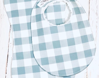 Ready to Ship - Baby Boy Misty Blue Gingham Bib & Burp Cloth Set - Absorbent Chenille Triple Layer Design - BLUE and WHITE GINGHAM