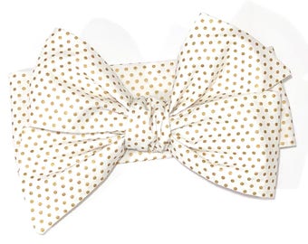 Ready to Ship!!  Gold Dots Girls Headwrap, Baby Headwrap, Big Bow Headwrap, Metallic Gold Polka Dots on White - GOLD PINDOTS on CREAM