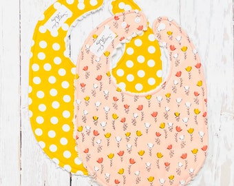 New!! Floral & Dots Girl Baby Bibs - Set of 2 Triple Layer Chenille - Pink, Coral, Mustard Yellow - PINK TULIP FLORAL