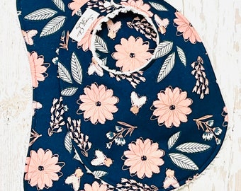 Blue Floral Baby Girl Bib/Burp Cloth Set - Absorbent Chenille Triple Layer - Metallic Rose Gold, Navy, Blush Pink - BLUSH & NAVY FLORAL