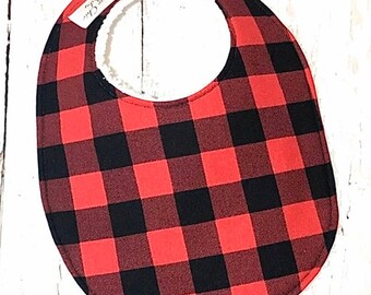 Red Buffalo Plaid Baby Bib for Baby Boy - 1 Single Triple Layer Chenille Bib - Buffalo Plaid, Black, Red Checks - BLACK & RED PLAID