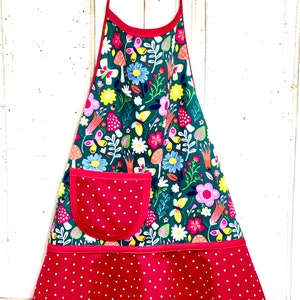 Woodland Garden Girl&#39;s Apron, Kids Apron, Child&#39;s Apron - Red, Green, Mushrooms - WOODLAND FOREST GARDEN
