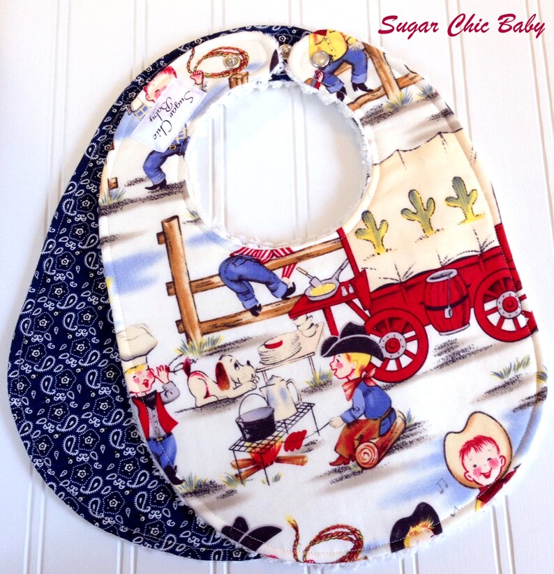 Cowboy Baby Bibs for Baby Boy Set of 2 Triple Layer Chenille Lil Cowpoke Cowboys & Blue Paisley image 1