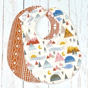 New!! Mountain Adventure Baby Bibs - Set of 3 Triple Layer Chenille - Gender Neutral - Rust, Cream, Blue - BOHO DESERT MOUNTAINS