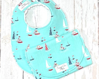 Ready to Ship!!  Seashore Baby Bib & Burp Cloth Set - Set of 2 - Chenille Triple Layer - Blue, Red, Pink-