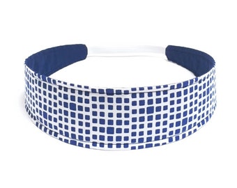 Headband for Women, Adult Headband, Womens Headband - Navy Blue, Off-White, Geometric Squares Headband  - NAVY & CREAM SQUARED