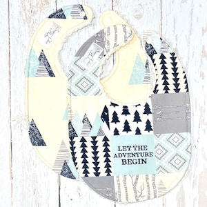 Mountain Adventure Baby Bibs for Baby Boy - Set of 2 Triple Layer Chenille, Blue, Cream, Gray - MOUNTAIN PEAKS ADVENTURE