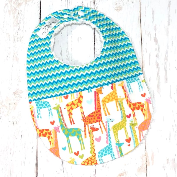 Giraffe Baby Bib - Duo Design Gender Neutral Bib - 1 Single Triple Layer Chenille - Orange, Blue, Green, Chevron - GIRAFFE LOVE