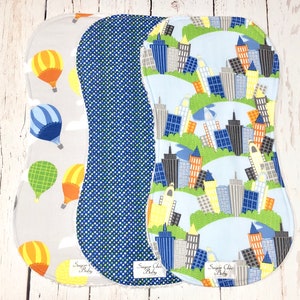 Ready to Ship Cityscape Burp Cloths Boy Burp Cloths Triple Layer Chenille Set of 3 CITYSCAPE & AIR-BALLOONS image 6