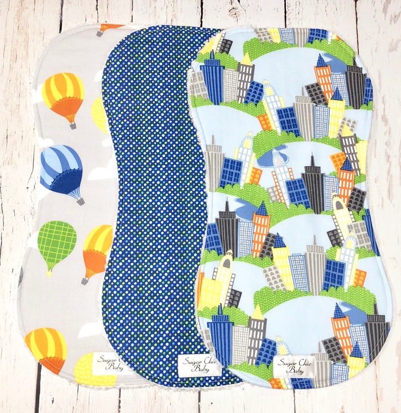 Ready to Ship Cityscape Burp Cloths Boy Burp Cloths Triple Layer Chenille Set of 3 CITYSCAPE & AIR-BALLOONS image 6