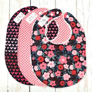 New Valentine's Floral Hearts Baby Bibs for Girls Set of 3 Triple Layer Chenille Pink, Black, Red OMBRE FLORAL HEARTS image 8