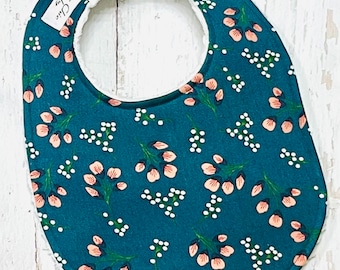 Teal Baby Bib for Girl - 1 Single Triple Layer Chenille Bib - Green, Teal, Coral - TEAL & CORAL FLORAL