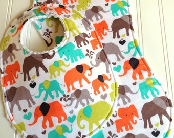 Elephant Baby Bib & Burp Cloth Set  -  Triple Layer Chenille  -  Gender Neutral - ELEPHANT WALK