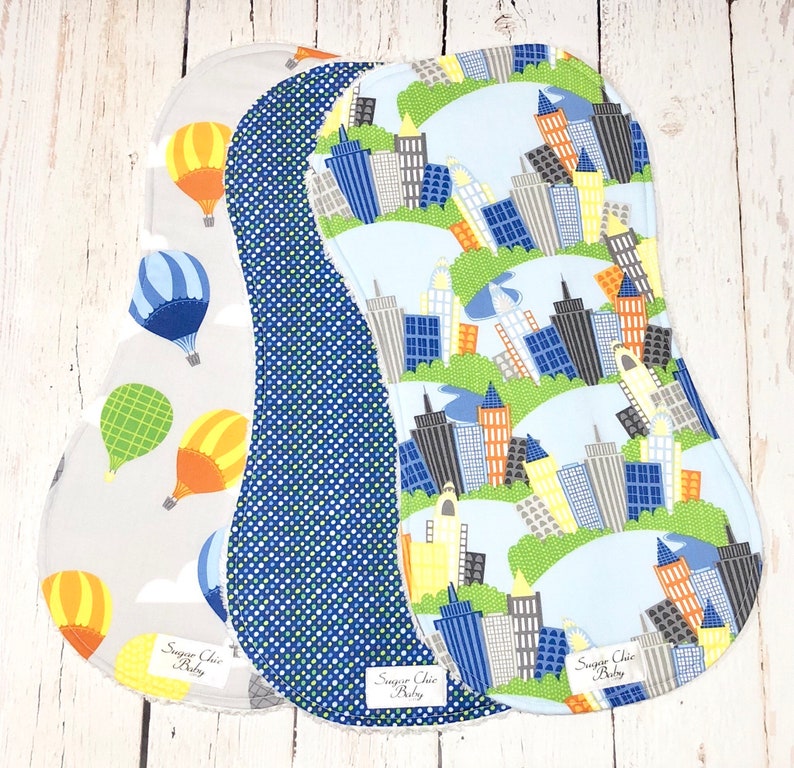 Ready to Ship Cityscape Burp Cloths Boy Burp Cloths Triple Layer Chenille Set of 3 CITYSCAPE & AIR-BALLOONS image 2