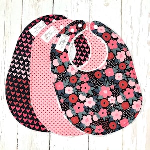 New Valentine's Floral Hearts Baby Bibs for Girls Set of 3 Triple Layer Chenille Pink, Black, Red OMBRE FLORAL HEARTS image 1