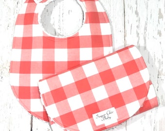 New!!  Baby Girl Coral Gingham Bib & Burp Cloth Set - Absorbent Chenille Triple Layer Design - CORAL and WHITE GINGHAM