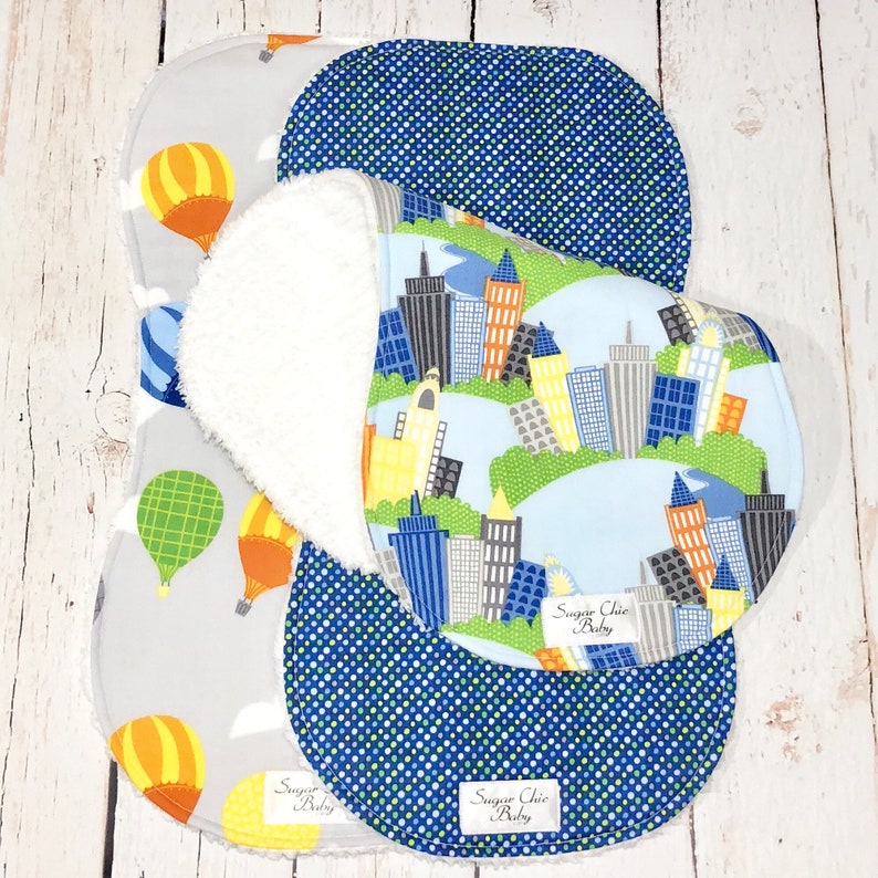 Ready to Ship Cityscape Burp Cloths Boy Burp Cloths Triple Layer Chenille Set of 3 CITYSCAPE & AIR-BALLOONS image 3