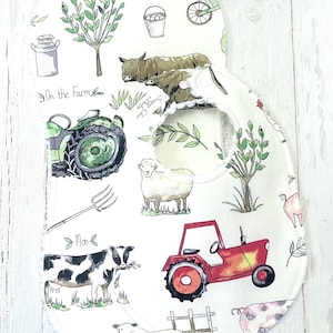 Farm Life Bib & Burp Cloth Set  - Gender Neutral - Super Absorbent Chenille - Triple Layer Design  - Tractor, Cow, Sheep - ON THE FARM