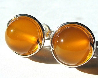 Yellow Agate Studs 8mm Round Agate Studs Post Earrings Wire Wrapped in Sterling Silver Earrings