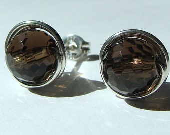 Smoky Quartz Earrings 8mm Round Faceted Smoky Quartz Studs Smoky Quartz Post Earrings Wire Wrapped in Sterling Silver Stud Earrings