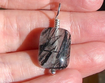 Tourmalinated Quartz Pendant Black Tourmaline in Clear Quartz Sterling Silver Pendant Slide Rectangle Quartz Gemstone