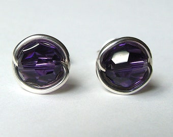 Purple Velvet Swarovski Crystal Studs 4mm 6mm 8mm Amethyst Earrings Purple Earrings Purple Studs  Sterling Silver Amethyst Birthstone Studs