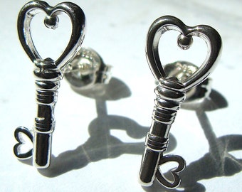 Heart Skeleton Key Studs Key Post Earrings Small Post Sterling Silver Key Earrings Key Studs Mother's Day Gift