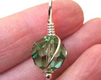 Peridot Green Swarovski Crystal Pendant Wrapped in Sterling Silver 12mm 10mm Round Green Peridot Charm