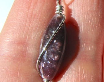 Lepidolite Pendant Long Oval Slide Barrel Lepidolite Charm Wire Wrapped in Sterling Silver