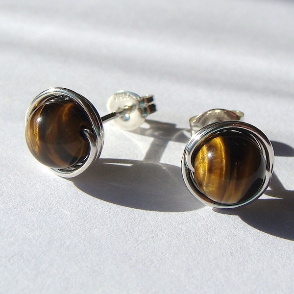 Tiger's Eye Studs 6mm Round Tiger Eye Earrings in Tiger Eye Sterling Silver Post Earrings Studs