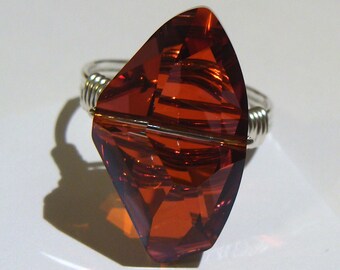 Red Magma Galactic Swarovski Crystal Ring 24X13.5xmm Asymmetric Statement Ring Wrapped in Sterling Silver Cocktail Ring