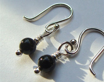 Tiny Black Onyx Dangle Earrings Wire Wrapped in Sterling Silver Black Onyx Drop Earrings