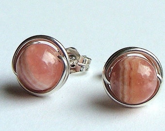 Rhodochrosite Studs Rhodochrosite Earrings 7mm Sterling Silver Rhodochrosite Post Stud Earrings in Sterling Silver