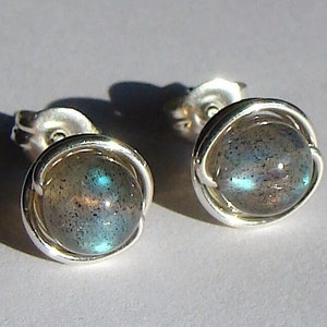 Labradorite Studs Labradorite Earrings 6mm Wire Wrapped in Sterling Silver Stud Earrings Labradorite Post Earrings